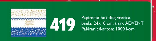 Adventska vrećica za HOT DOG/KOBASICA, 24x10cm, tisak "Advent", 1000/1 pakiranje